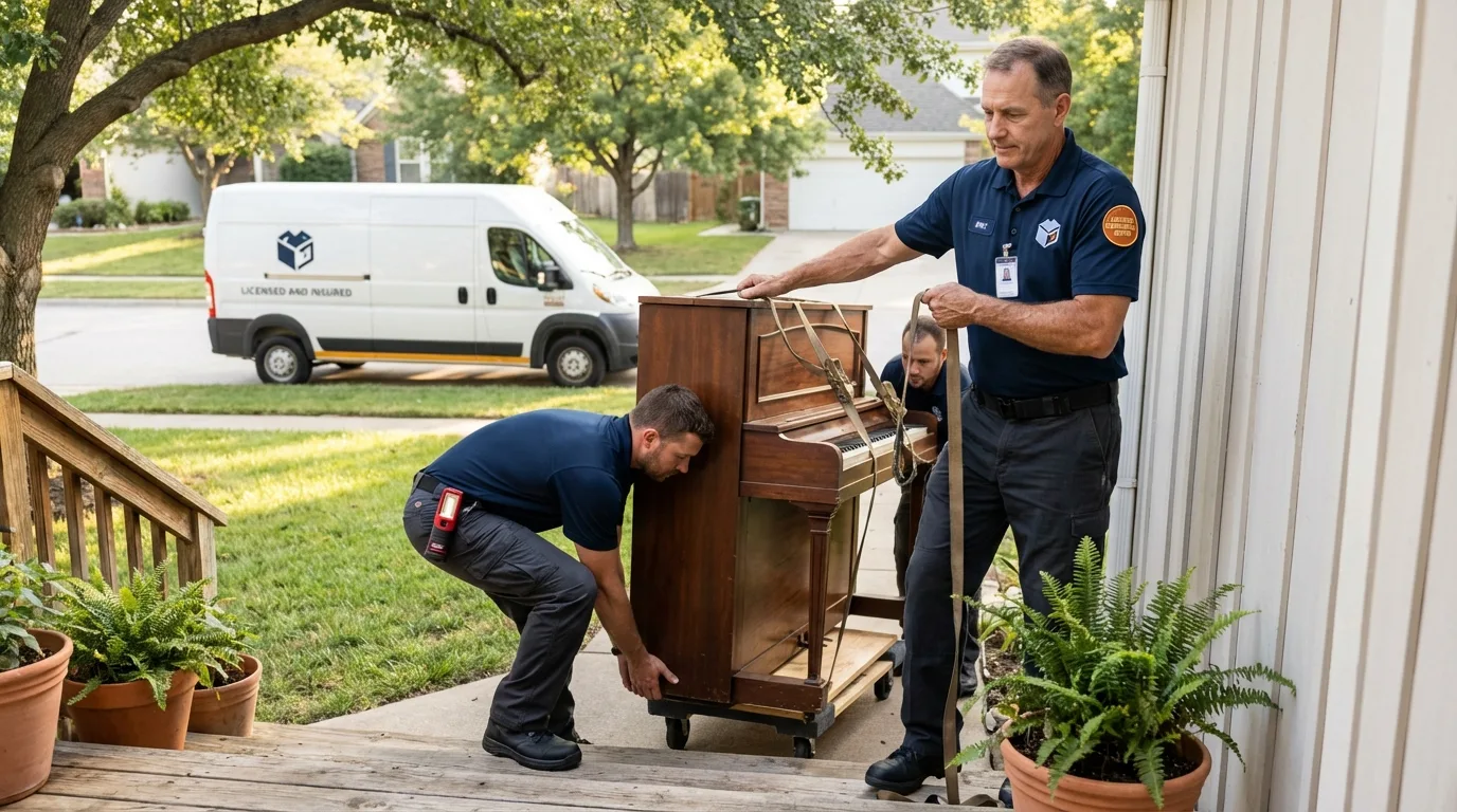 Licensed piano movers securing grand piano in Lake Junaluska, NC