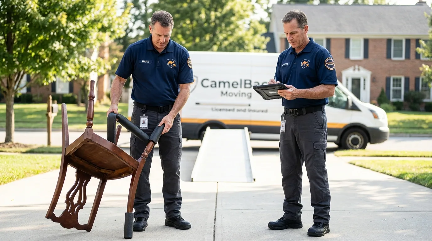 Movers inspecting furniture for damage prevention before loading in Lake Junaluska, NC