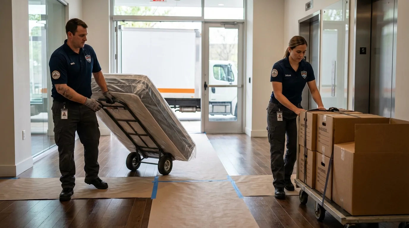 Professional apartment movers loading elevator in Lake Junaluska, NC
